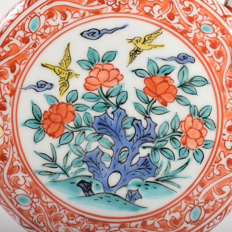 平安　渓仙造　扁壷色絵花鳥図　水注　共箱　M　R5047