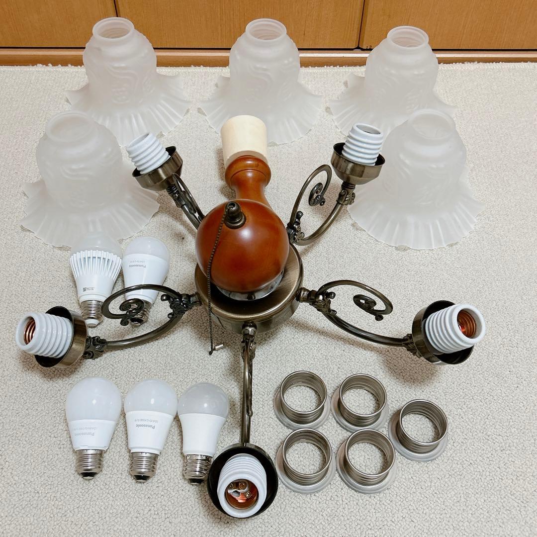 ●美品●アンティーク　フリルシェード　すずらん型　豪華5灯シャンデリア【キシマ】