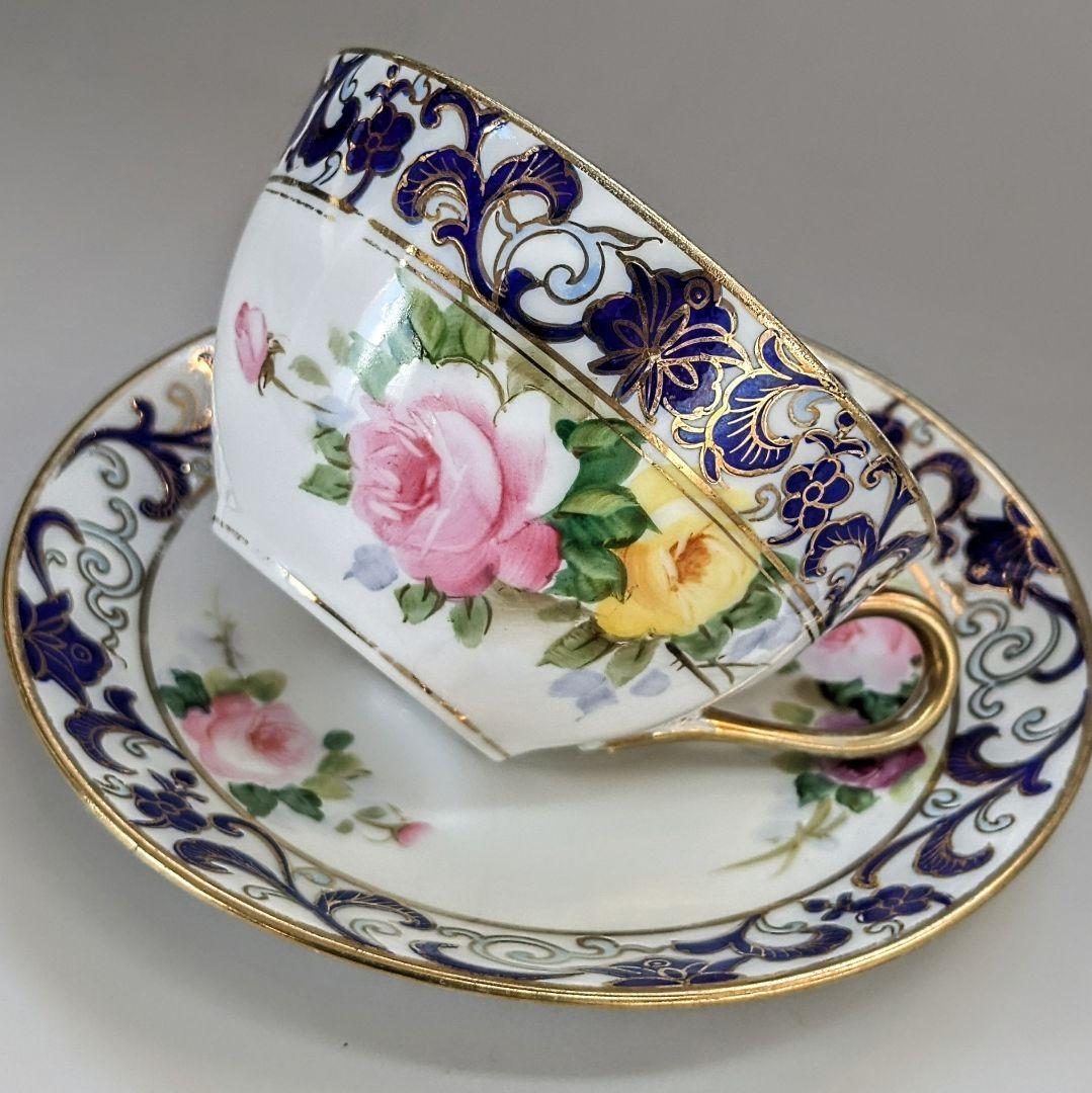 オールドノリタケ銘品!! 金彩藍帯薔薇図紋　キャビネットカップ＆ソーサー