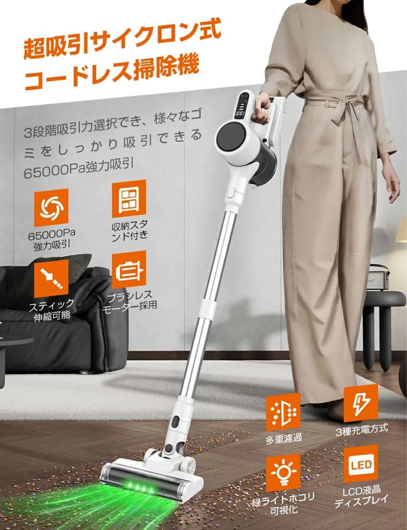 ✨65000Pa 掃除機 コードレス 収納充電スタント付き 軽量 ホワイト