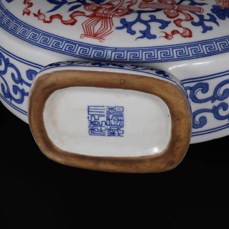 青花釉里紅抱月扁瓶 景徳鎮 陶磁 花瓶 現代工芸品 美術品 装飾品