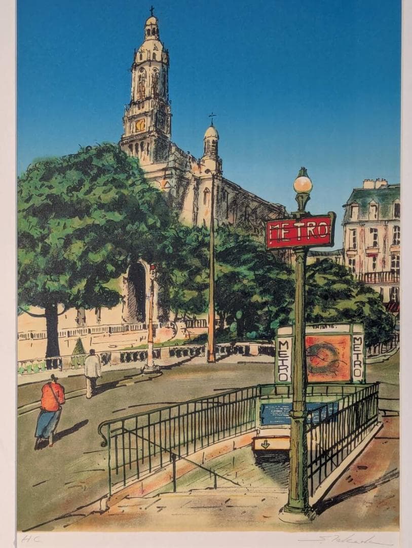 【真作】版画　リトグラフ　パリの街角と教会　ヨーロッパ風景版画　Y42