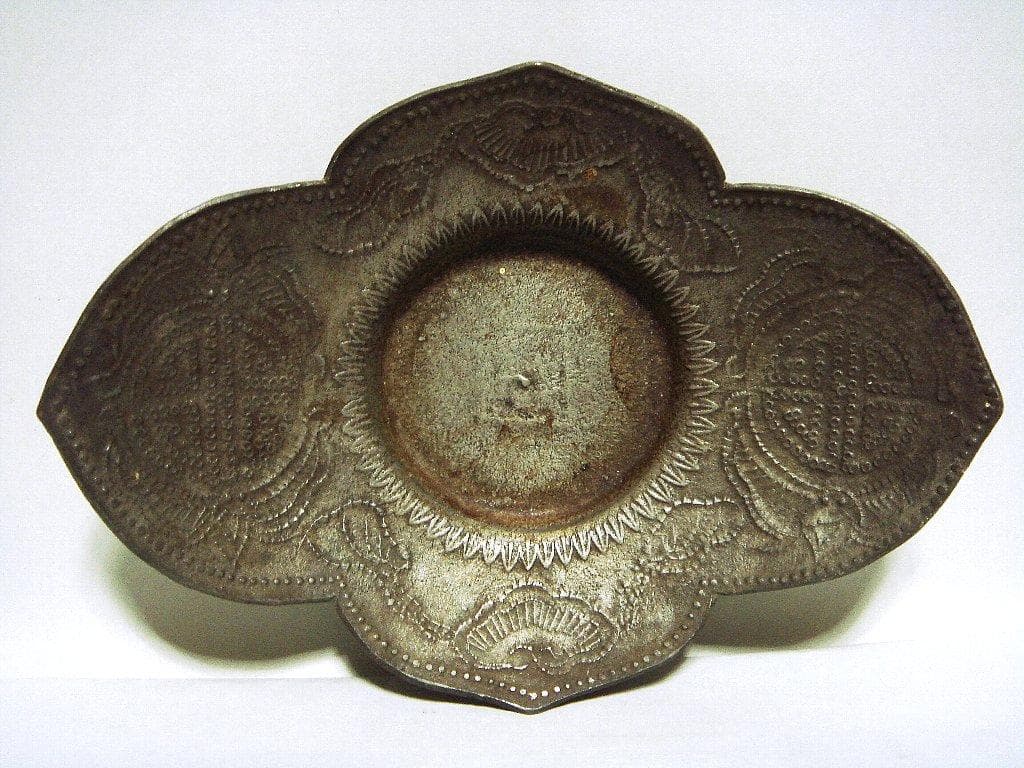 624『中国美術 古錫 十字紋 茶托 ５枚』/骨董品 古美術 古玩 アンティーク