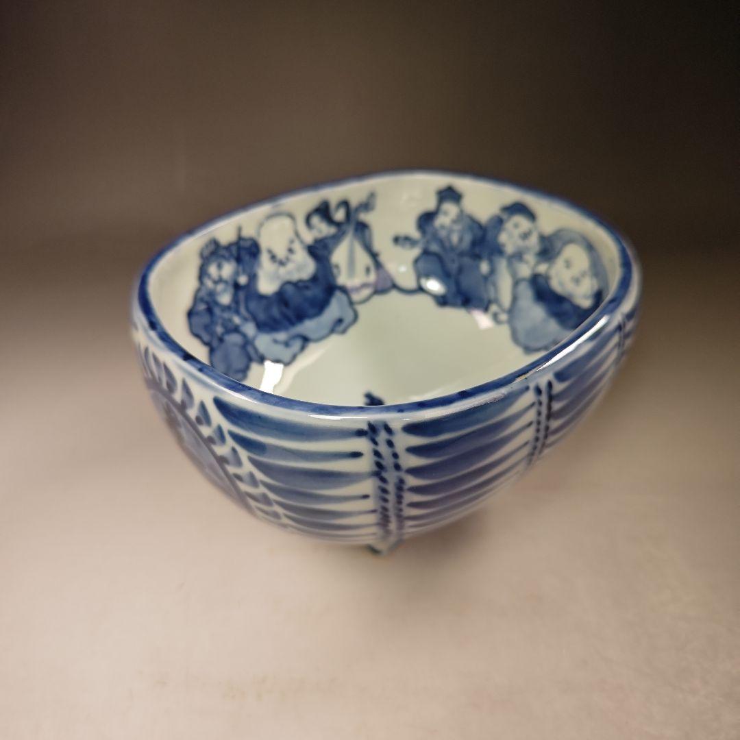 イ586 水指『京都五山窯　林淡幽造』『染付俵七福人　水指　共箱』茶道具