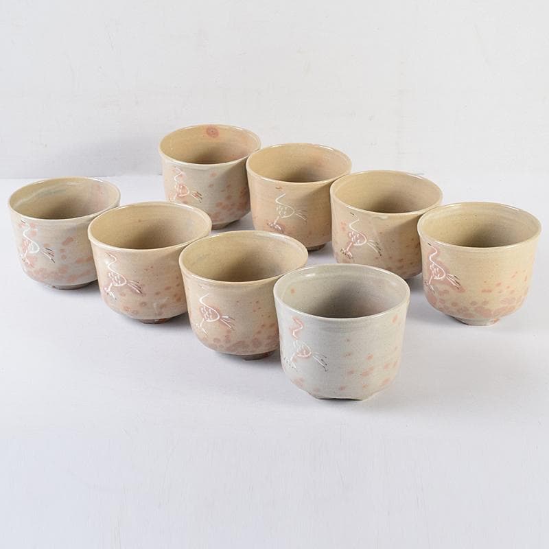 茶道具　赤膚焼　大塩正人造　御本立鶴　数茶碗　八客　共箱　V　R8550B