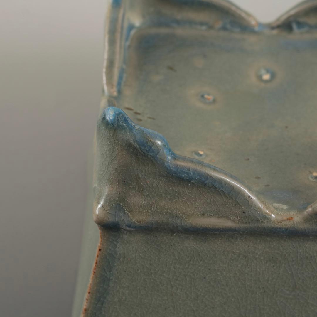 天晴釉 四方形 香炉 倣古 仿汝釉 清朝期？ 中国美術 青磁香炉 古美術 古道具