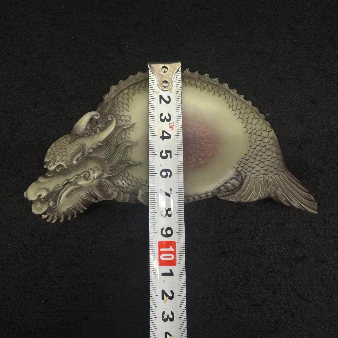魚化成龍紋硯台 紫袍玉 置物 硯　書道具