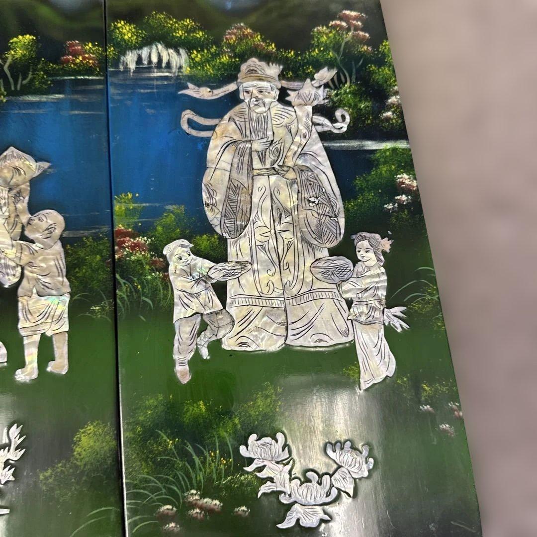中国風 ，螺鈿細工，貝殻，四つのパネル，螺鈿細工，漆工，壁飾り，古美術品 ，漆芸