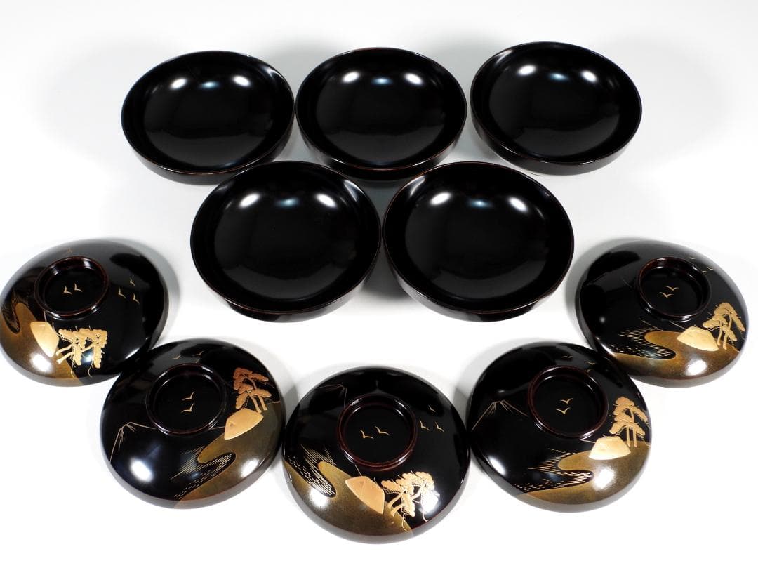 金蒔絵　風景図　木製漆器 輪島　汁椀蓋碗5客セット　吸物碗