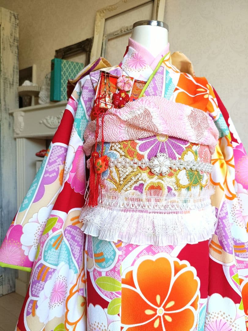 専用です☆レトロポップ調の着物と作り帯セット☆７歳七五三