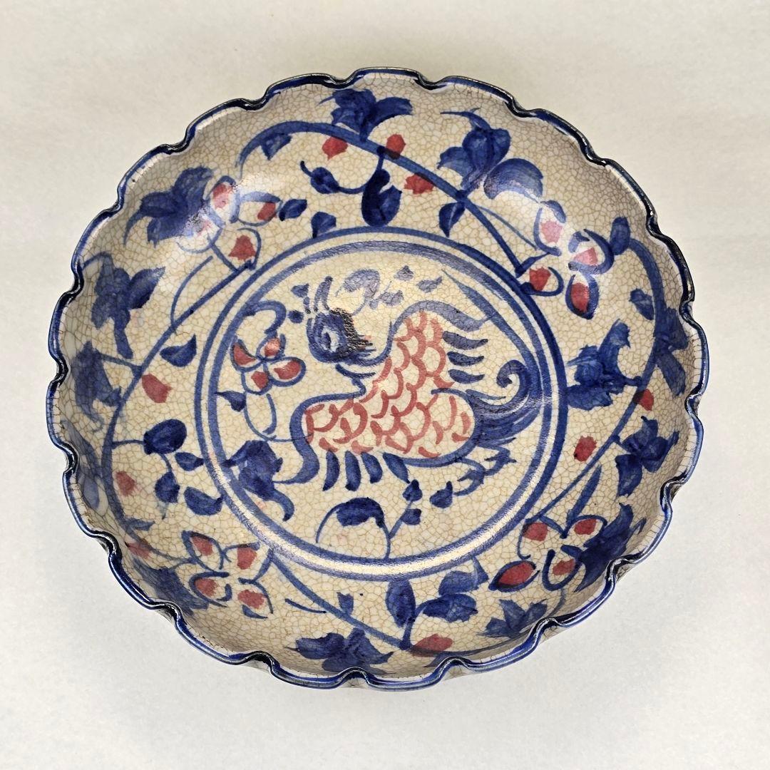 舶来品 中国古磁 青花染付 釉里紅 手絵 花鳥紋 観賞皿 筆洗い 筆添 在銘