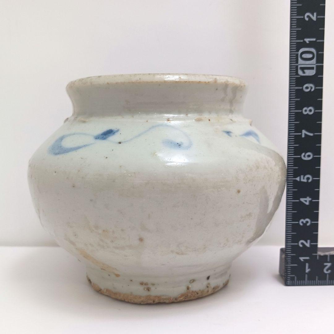 Y2984 朝鮮美術 李朝白磁染付仏手柑文壺 李朝染付壷　　ten