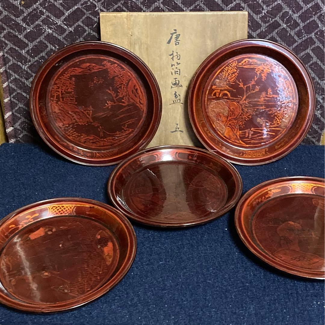唐物箔画盆五枚組　清代