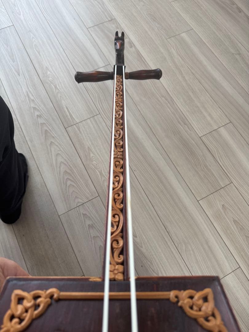 馬の頭彫刻の木製弦楽器