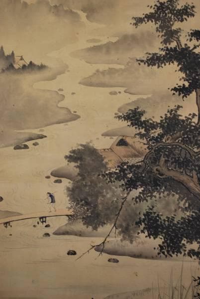 【真作】前川文嶺　山村人物図　掛軸/名家伝来/K-369　J