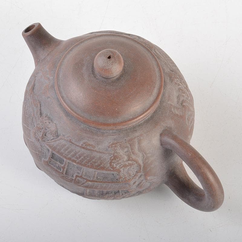 中国　紫砂　朱泥　楼閣山水文　急須　茶壷　在銘　N　6652