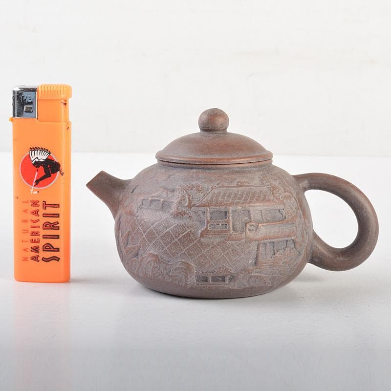 中国　紫砂　朱泥　楼閣山水文　急須　茶壷　在銘　N　6652