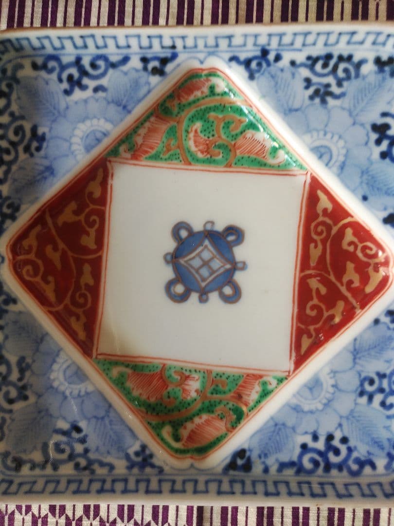 美品 古伊万里 色絵 染付 四方皿 正方形皿 アンティーク 陶芸 工芸品