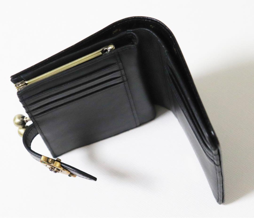 《アナスイ》未使用 ポケット多数 上品薔薇ブローチ付 レザー2つ折りがま口財布