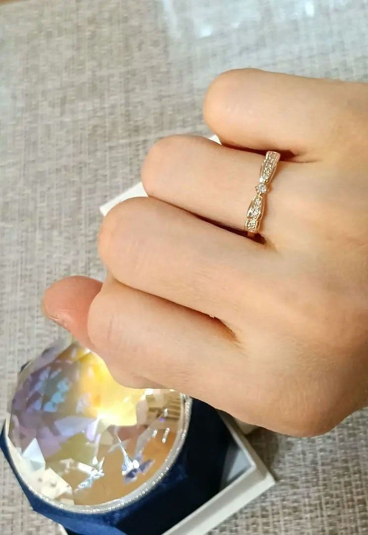 【9号】４℃リボン型ダイヤモンドピンクゴールドリングK18刻印あり