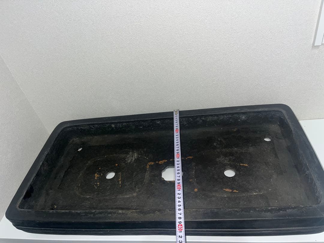 希少色　超特大鉢　中国宜興　黒泥中帯切足長方鉢　落款　盆栽鉢