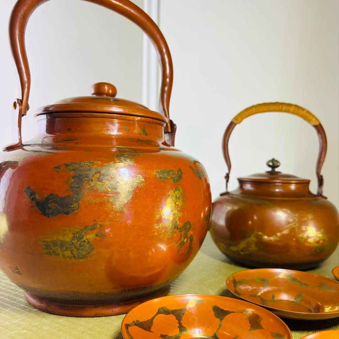 山川堂　夫婦薬缶　茶托　金彩　鎚起銅器口蓋付水次 大型 水注 湯沸し 茶道具