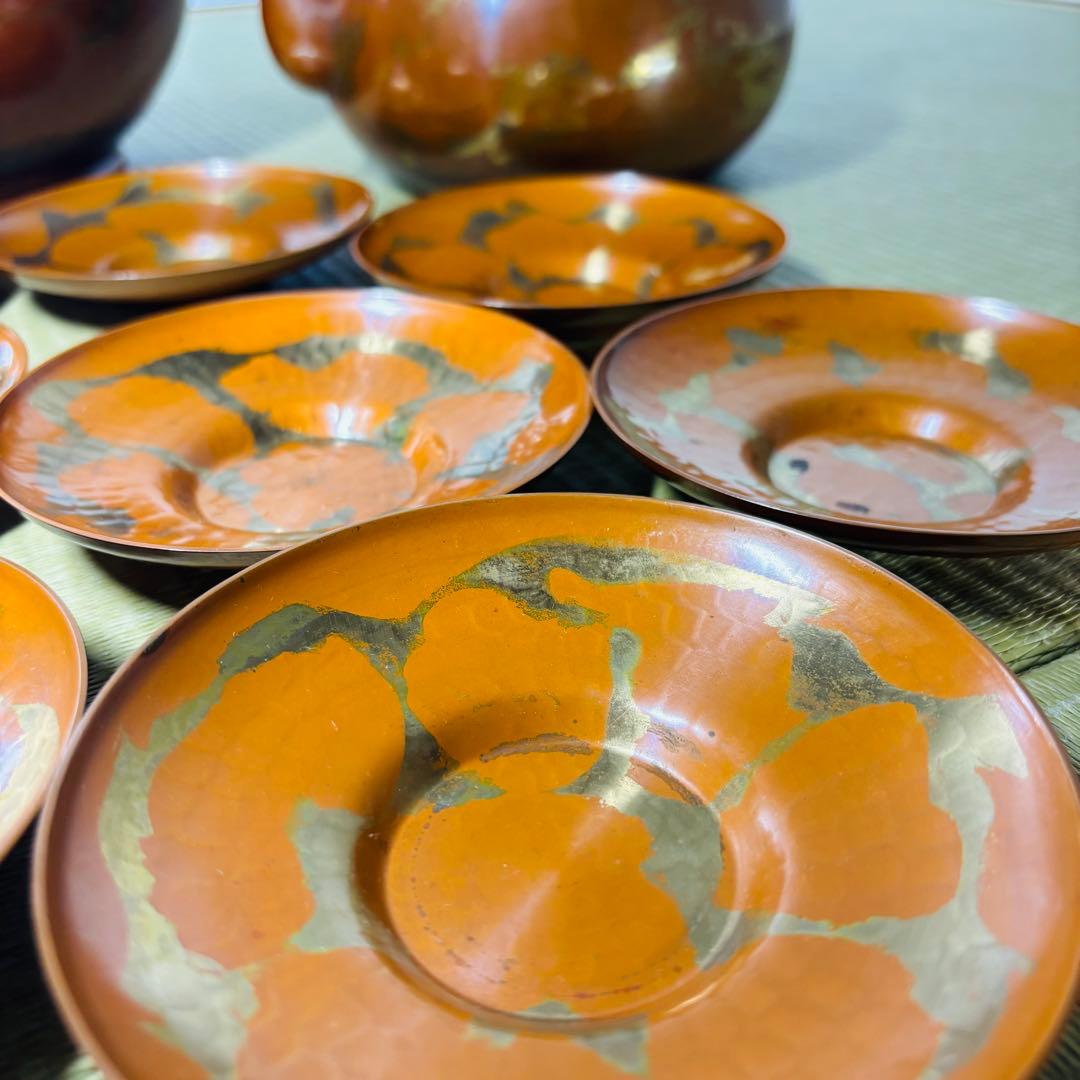 山川堂　夫婦薬缶　茶托　金彩　鎚起銅器口蓋付水次 大型 水注 湯沸し 茶道具