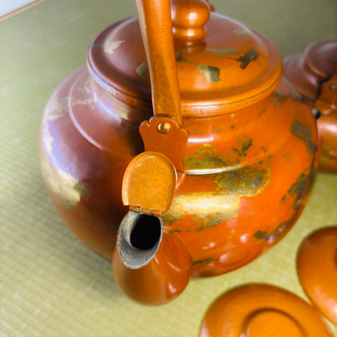 山川堂　夫婦薬缶　茶托　金彩　鎚起銅器口蓋付水次 大型 水注 湯沸し 茶道具