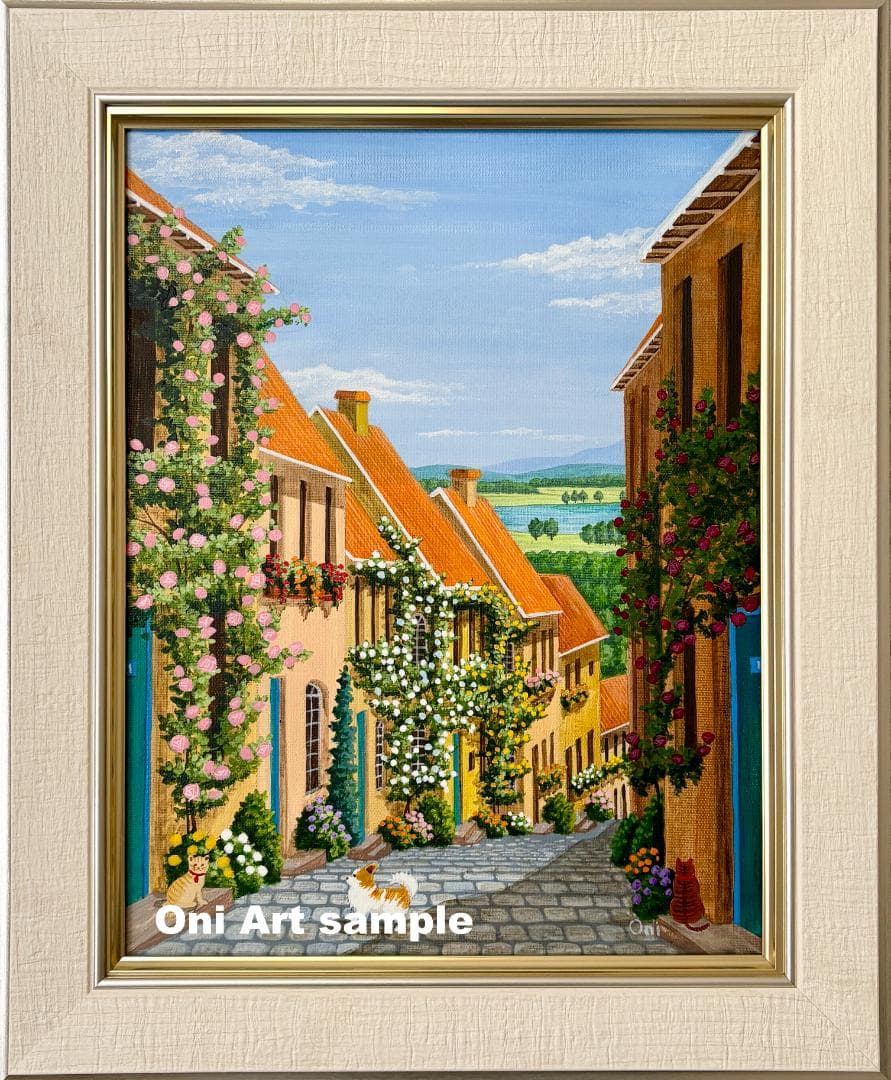 アクリル画　原画　「花の咲く路地14」額縁付き　F6サイズ　風景画