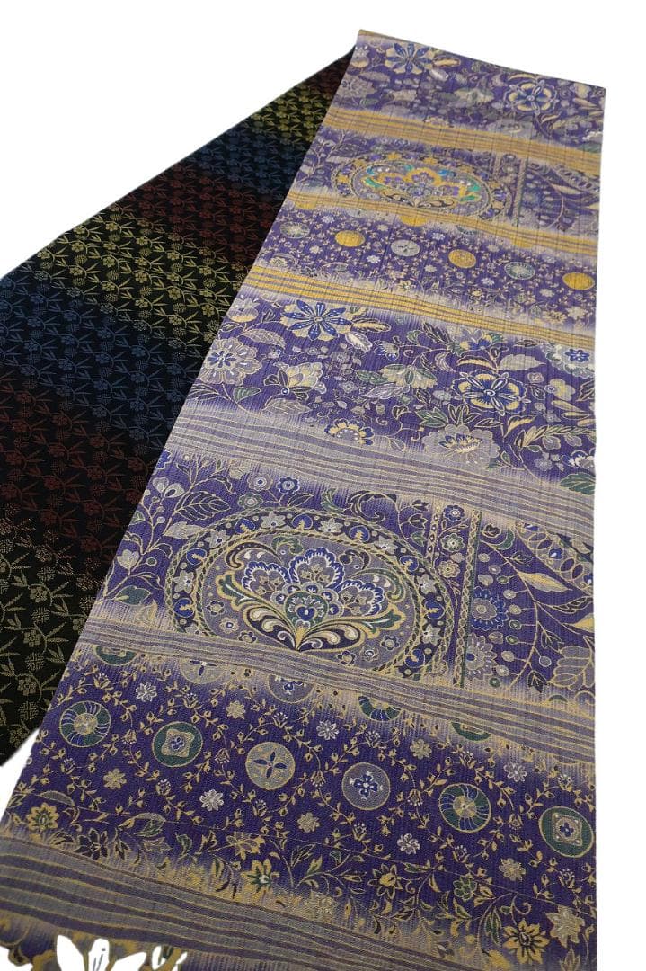 未使用品 袋帯 リバーシブル 紬地 深紫 唐花 枝花 全通柄長さ4m65cm正絹
