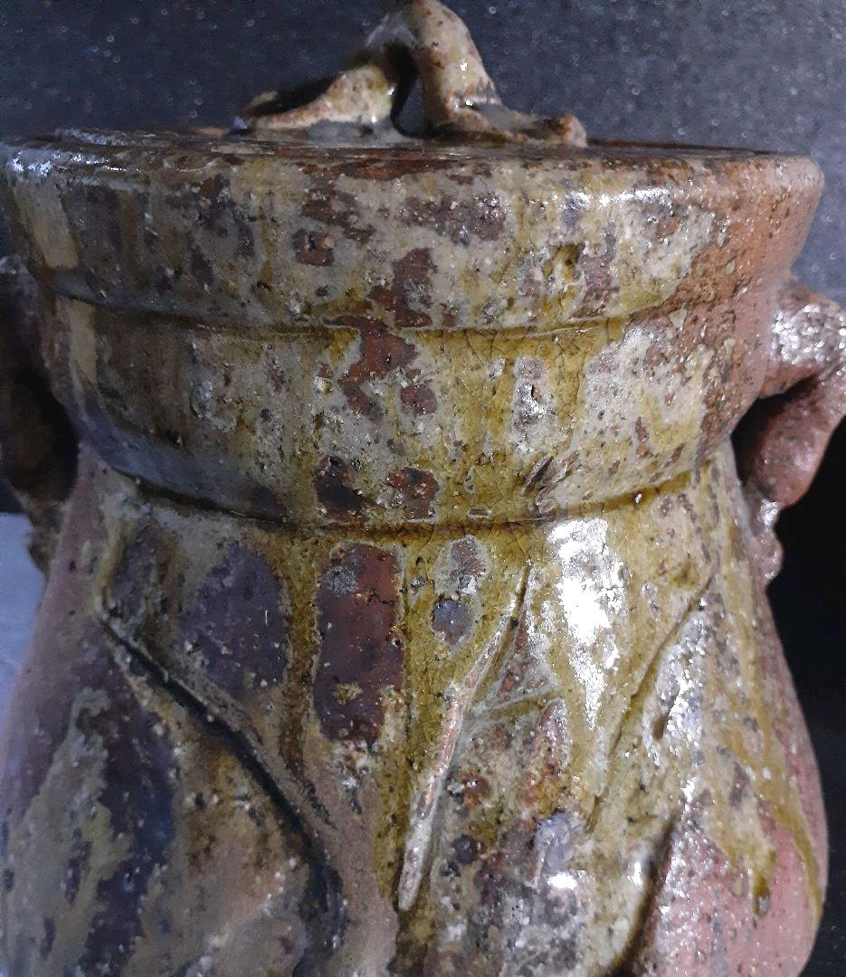 信楽焼　名工　小河仁斎作　信楽　双耳　ビードロ釉　水指　茶道具　茶器