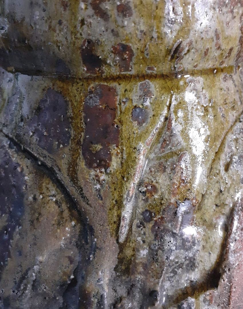 信楽焼　名工　小河仁斎作　信楽　双耳　ビードロ釉　水指　茶道具　茶器