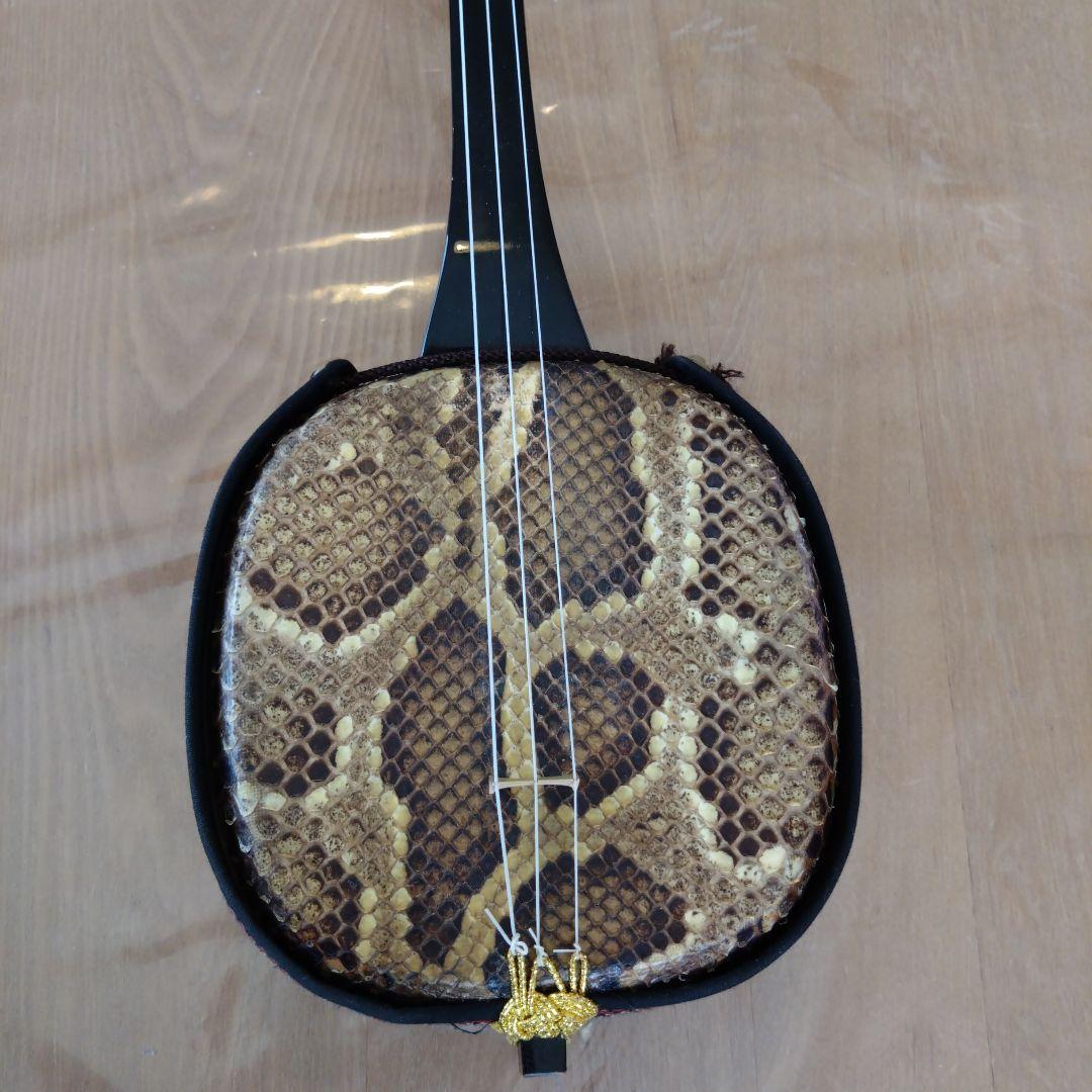 沖縄三線 蛇本皮 セミハードケース、バチ、新品の弦付き
