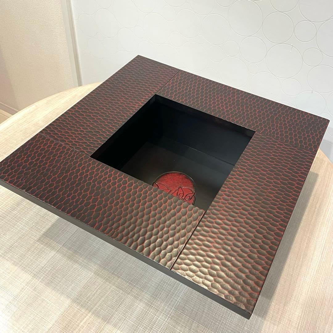 飾り台 漆塗り風 ローテーブル フクロウ装飾 座卓 ガラストップ 和モダン