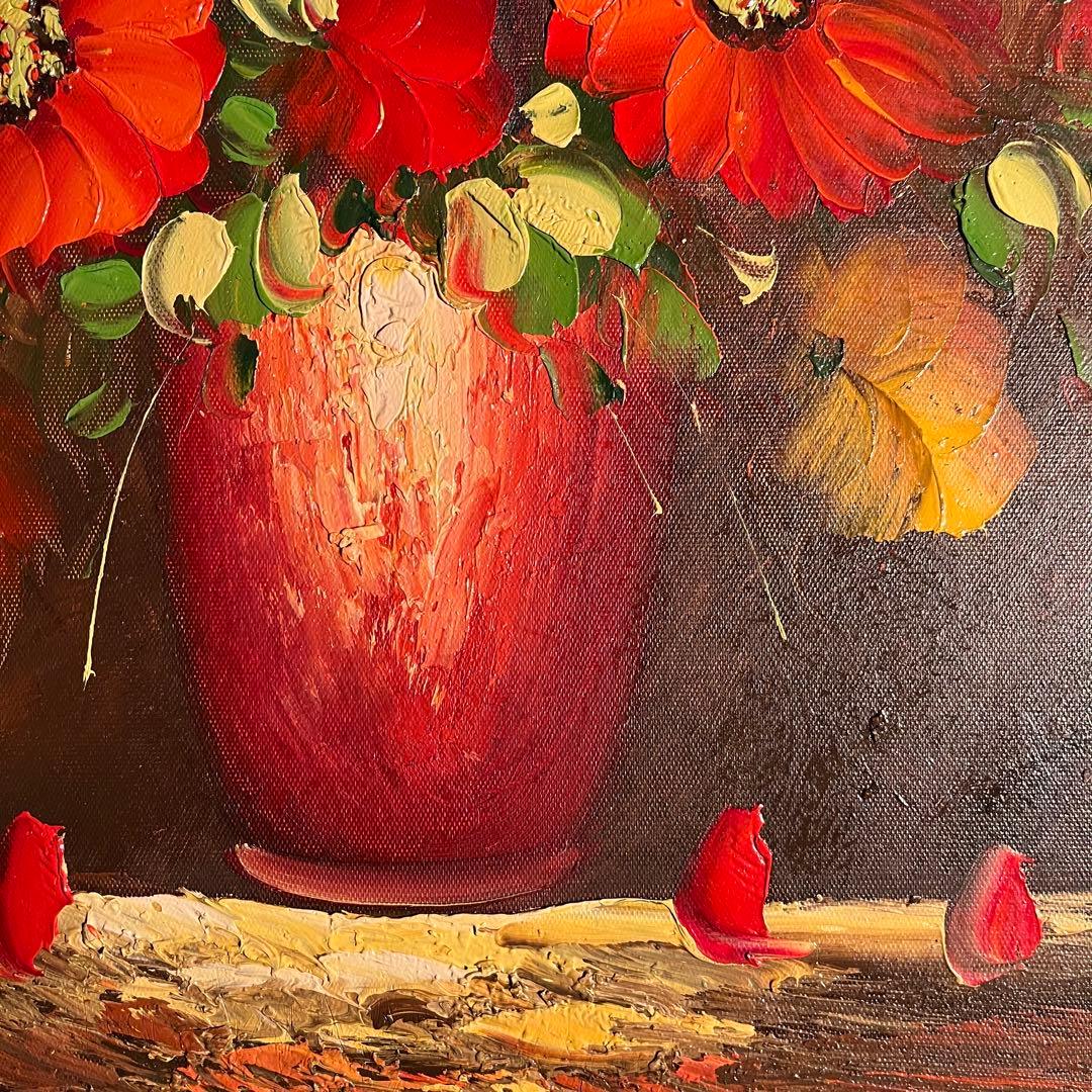 手書き油絵 花瓶の花 額付 肉筆絵画 インテリア 油彩画