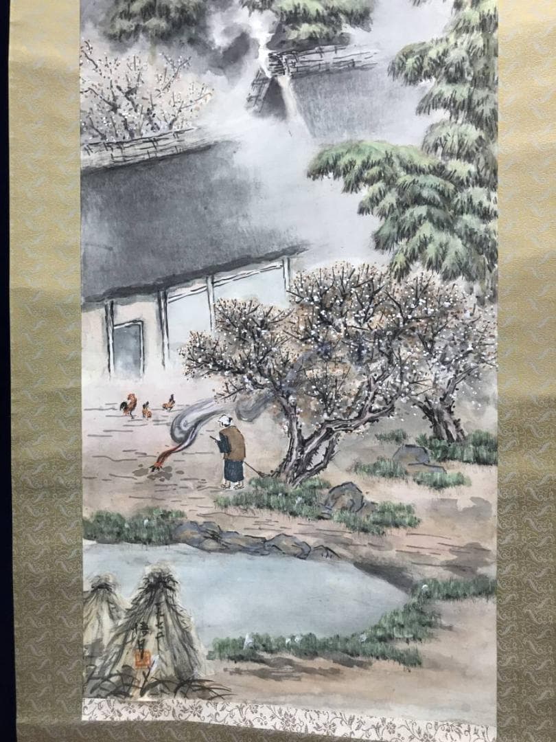 悟月/山水図/農村風景図/早春図/掛軸/名家伝来/AC-41