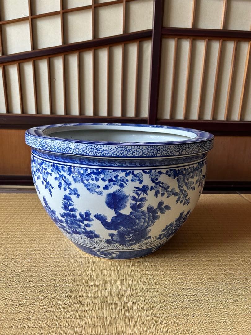 染付唐獅子牡丹花鳥図火鉢(直径約40.5cm) 火鉢　　メダカ鉢　金魚鉢