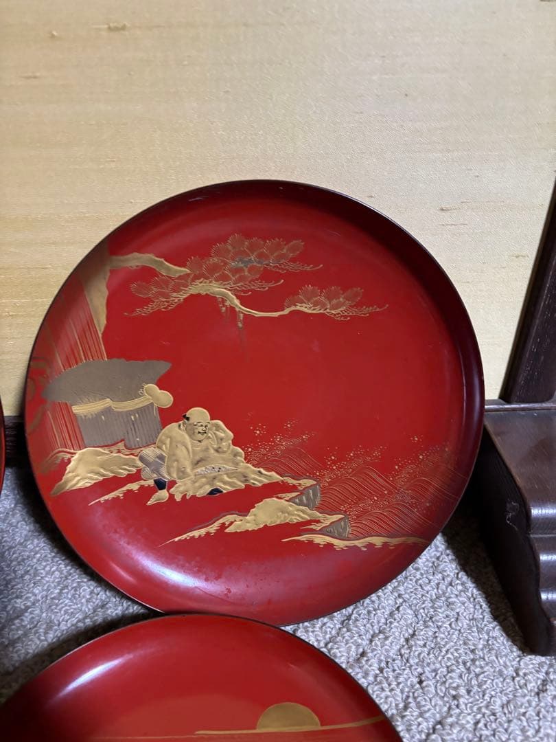 明治時代 金蒔絵 朱塗 祝議用 大盃 金彩絵図 漆器 骨董品 蔵出し 時代物