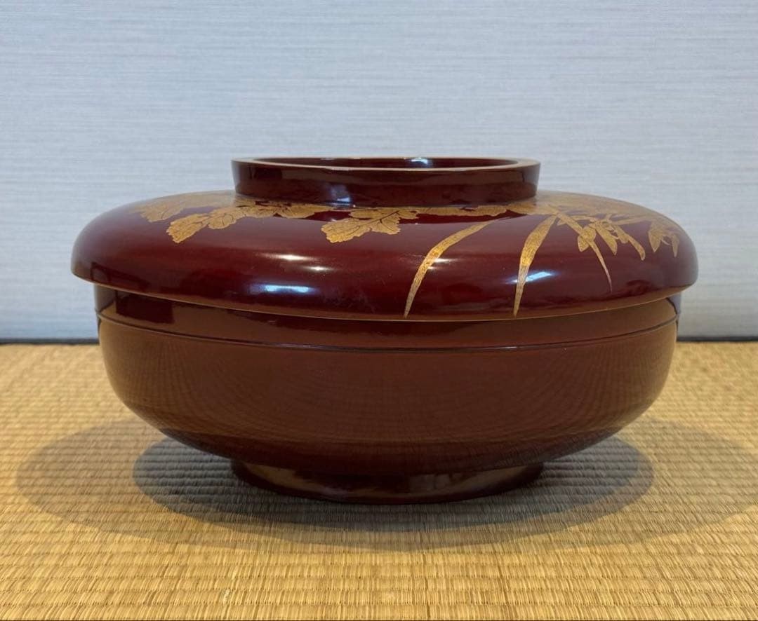 輪島塗 草花沈金 溜塗 栗色 大平 一対 明治時代後期 喰籠 木製漆器 吴山銘