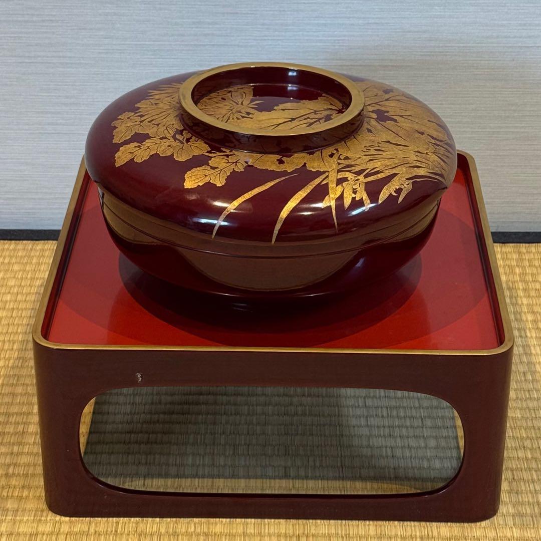 輪島塗 草花沈金 溜塗 栗色 大平 一対 明治時代後期 喰籠 木製漆器 吴山銘