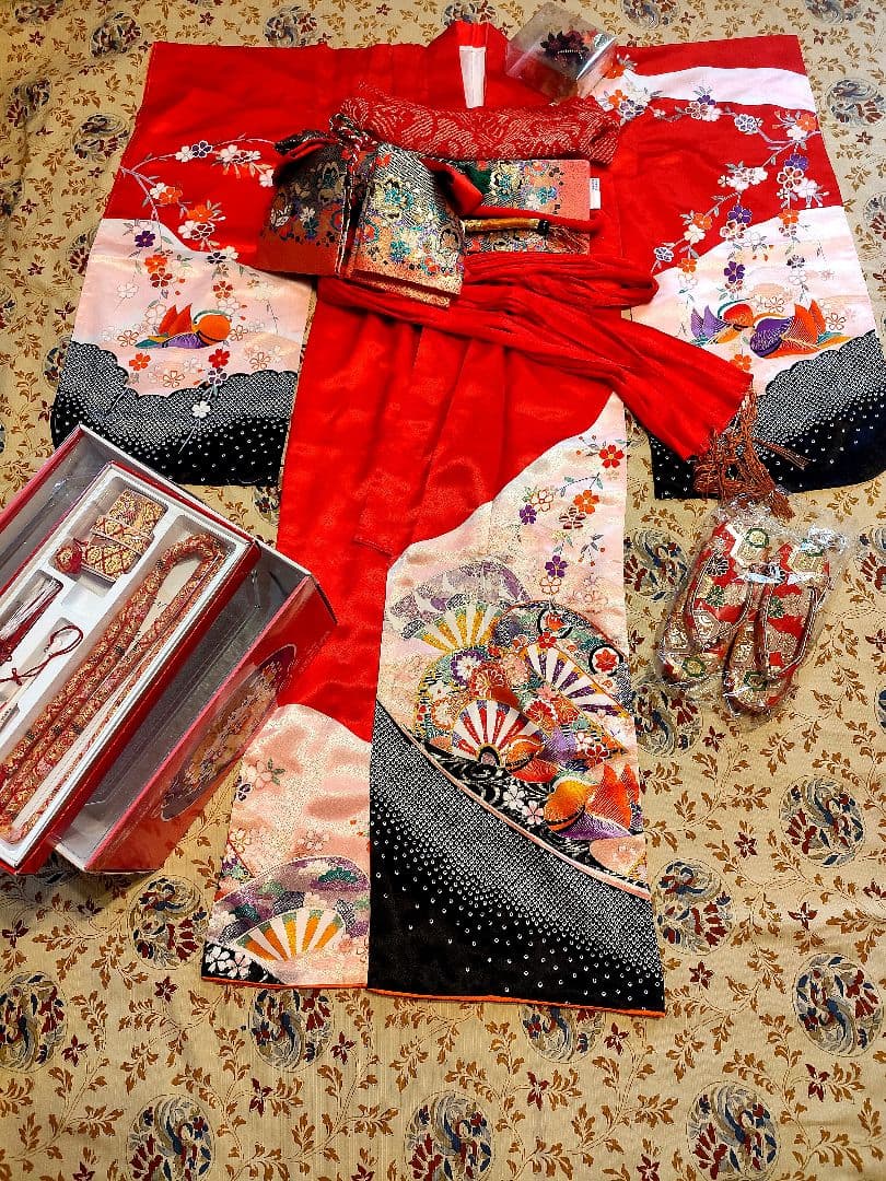 七五三　着物　筥迫セット　　7歳　女の子　絞り柄　袋帯