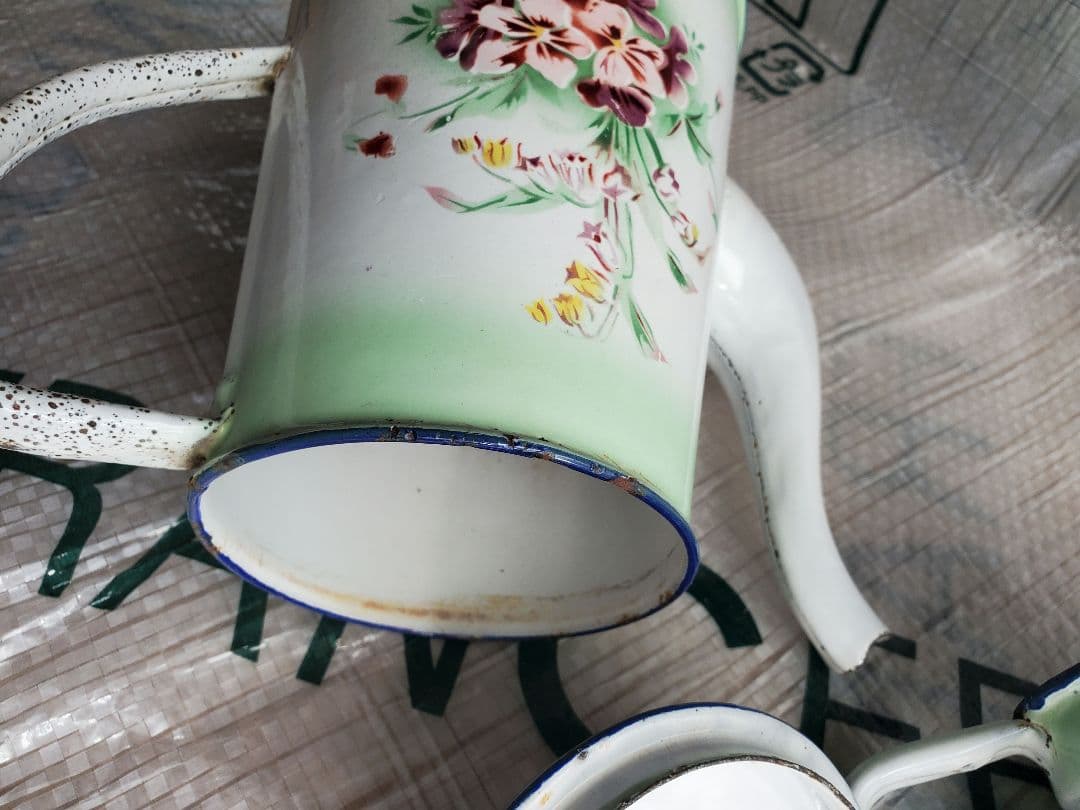 フランス　アンティーク　ホーロー　ポット　ダブルビギン　グリーン