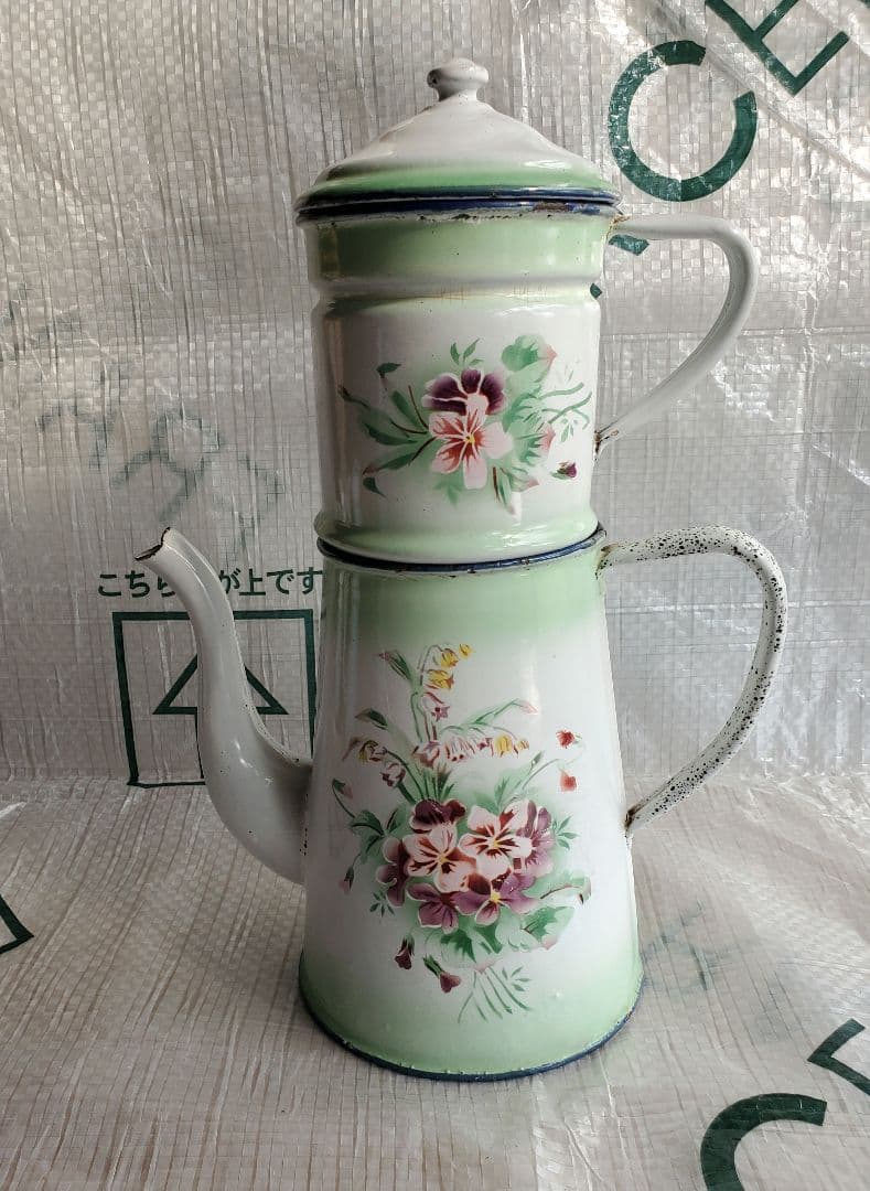 フランス　アンティーク　ホーロー　ポット　ダブルビギン　グリーン