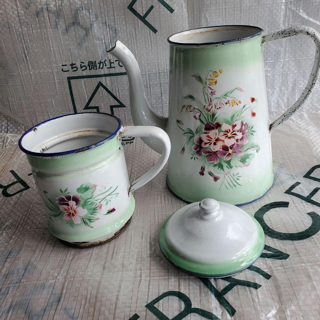 フランス　アンティーク　ホーロー　ポット　ダブルビギン　グリーン