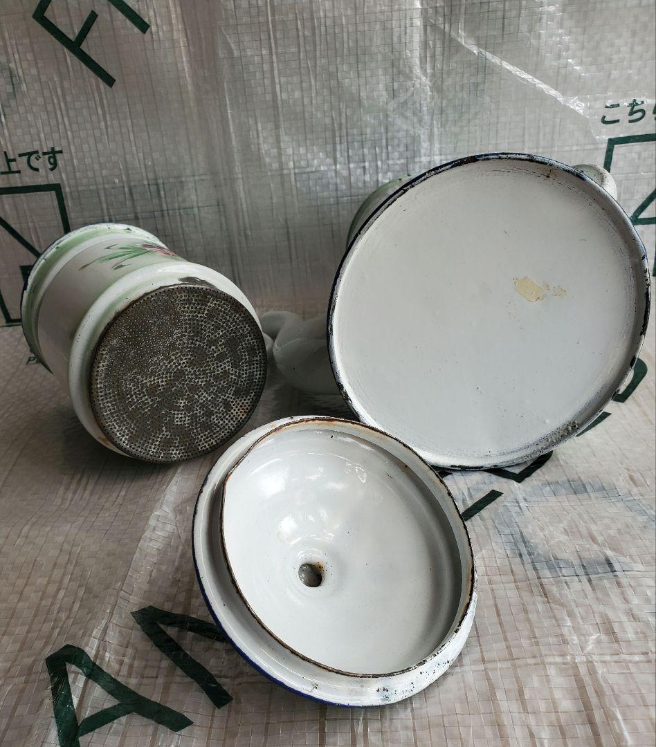 フランス　アンティーク　ホーロー　ポット　ダブルビギン　グリーン