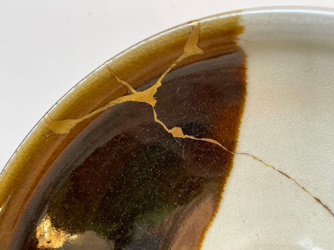 陶芸家　宮川香雲　掛分　色絵　萩文様　平茶碗　竜谷