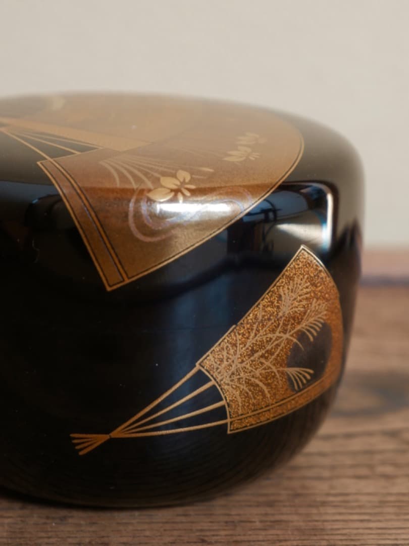 高崎秋峰　秋草扇面蒔絵　裏銀塗　漆工芸　棗　茶入れ　茶器　茶道具　Q2202