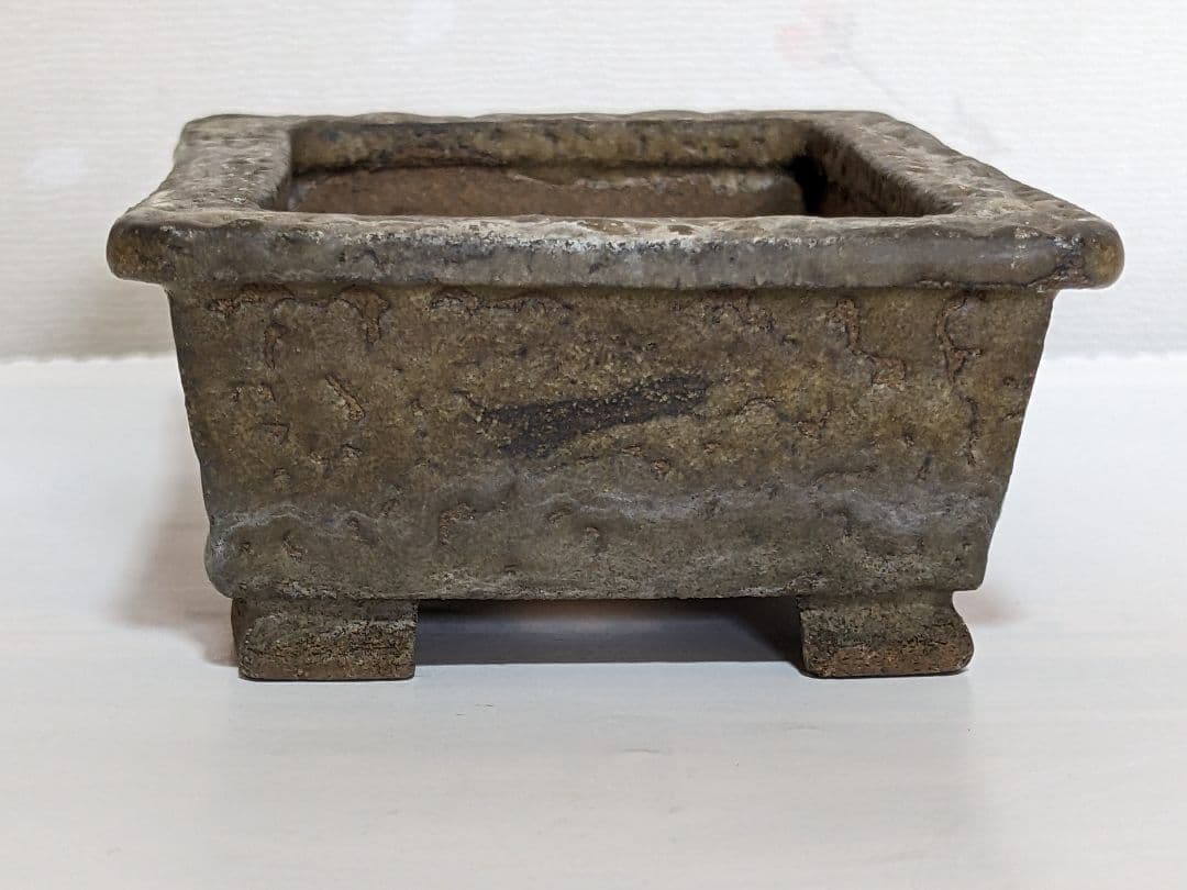 ♦小品盆栽鉢 辰山の釘彫り印 長方形四足ミニ盆栽鉢？中国 国内 古美術骨董品