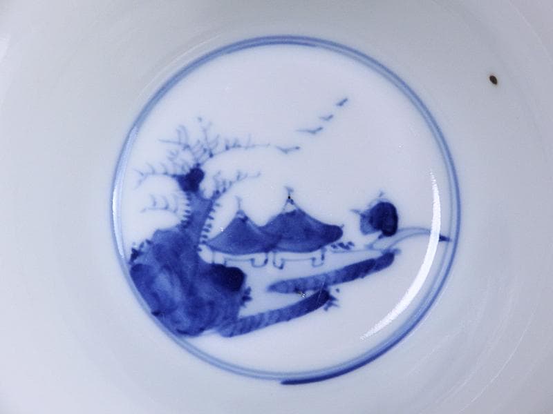 伊万里　染付　雪輪　東屋に山水の図　向付　３客　AS-fbts