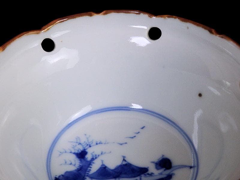 伊万里　染付　雪輪　東屋に山水の図　向付　３客　AS-fbts